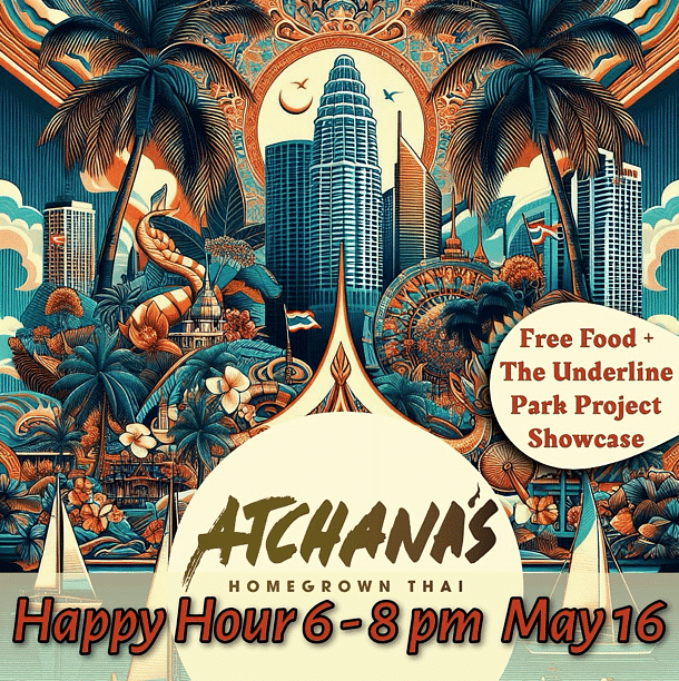 Illustrated flyer for Achana's Thai food event on May 16 with cityscape.
